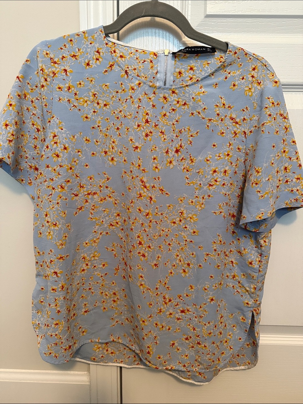 Zara Light Blue Short-Sleeve Floral Shirt